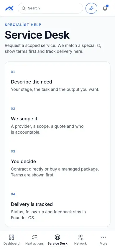 Founder OS Service Desk on a phone