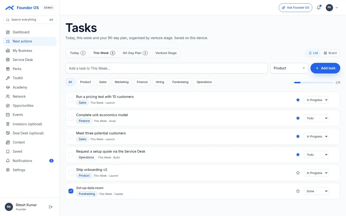 Founder OS task system with weekly next actions